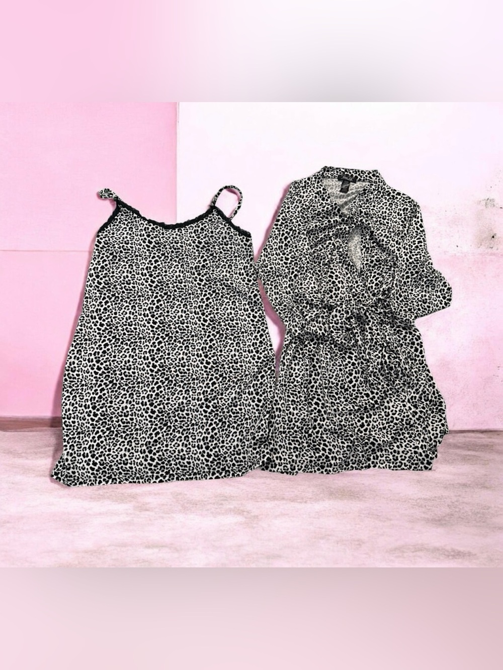 Rene Rofe Black and White Leopard Print Sleepwear- Gown & Robe
